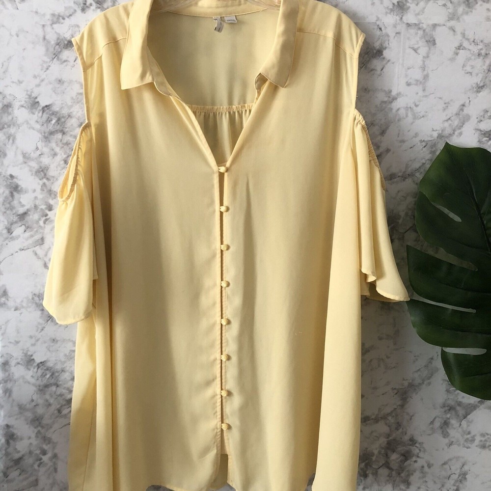 Cato Cold Shoulder Button Up Blouse Womens Plus Size 26/28W Yellow Collar Tunic